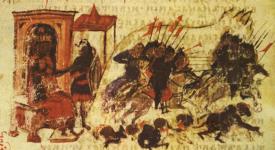 Ilustrasi penarikan kembali pasukan Islam yang mengepung Konstantinopel oleh Umar bin Abdul Aziz. Pengepungan ini dipimpin oleh Maslamah bin Abdul Malik dan gagal.
